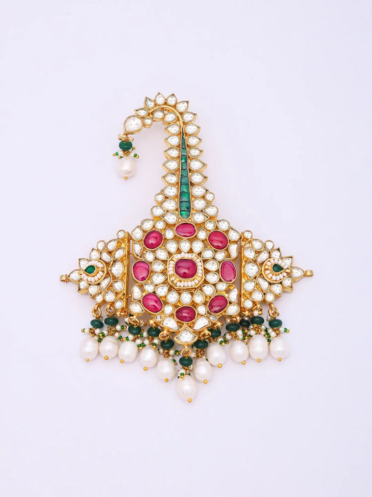 Kundan Kalgi Brooch with Green Bead Drops