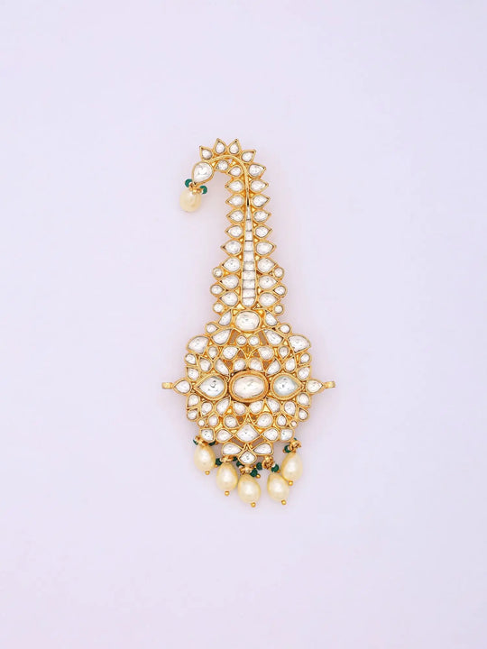 Kundan Kalgi with Pearl Drops and Green Beaded Accents