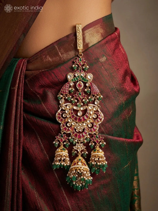 Kundan and Green Bead Drop Kamarband Necklace in Brass