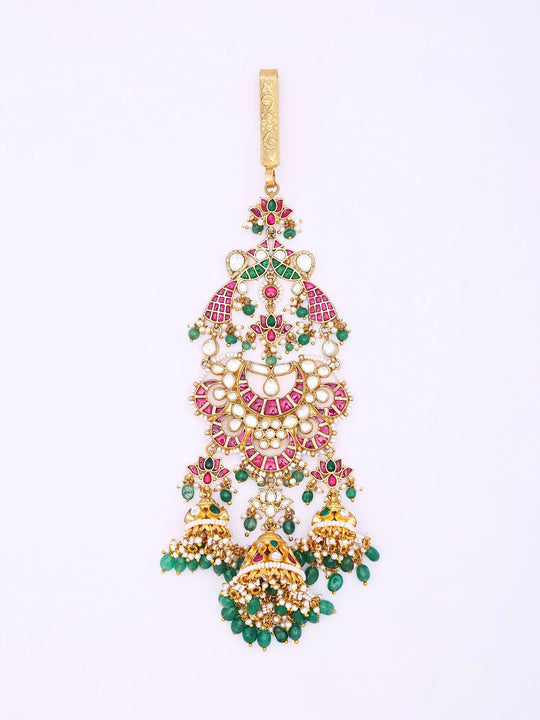 Kundan and Green Bead Drop Kamarband Necklace in Brass