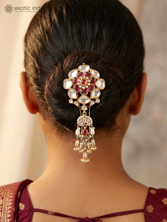 Floral Kundan Juda Pin Maang Tikka with Bead Drops