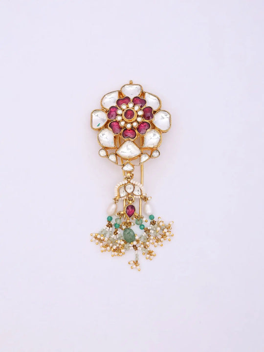 Floral Kundan Juda Pin Maang Tikka with Bead Drops