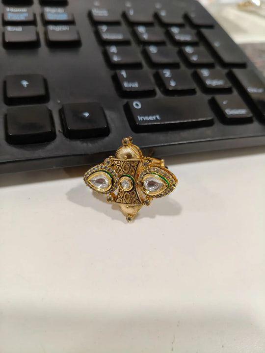 Kundan Brass Ring with Traditional Floral Motif