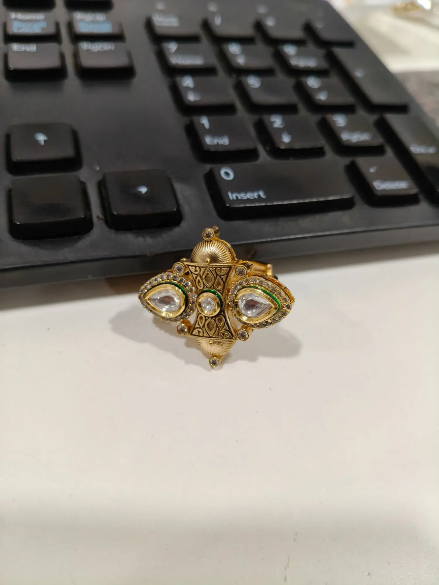 Kundan Brass Ring with Traditional Floral Motif