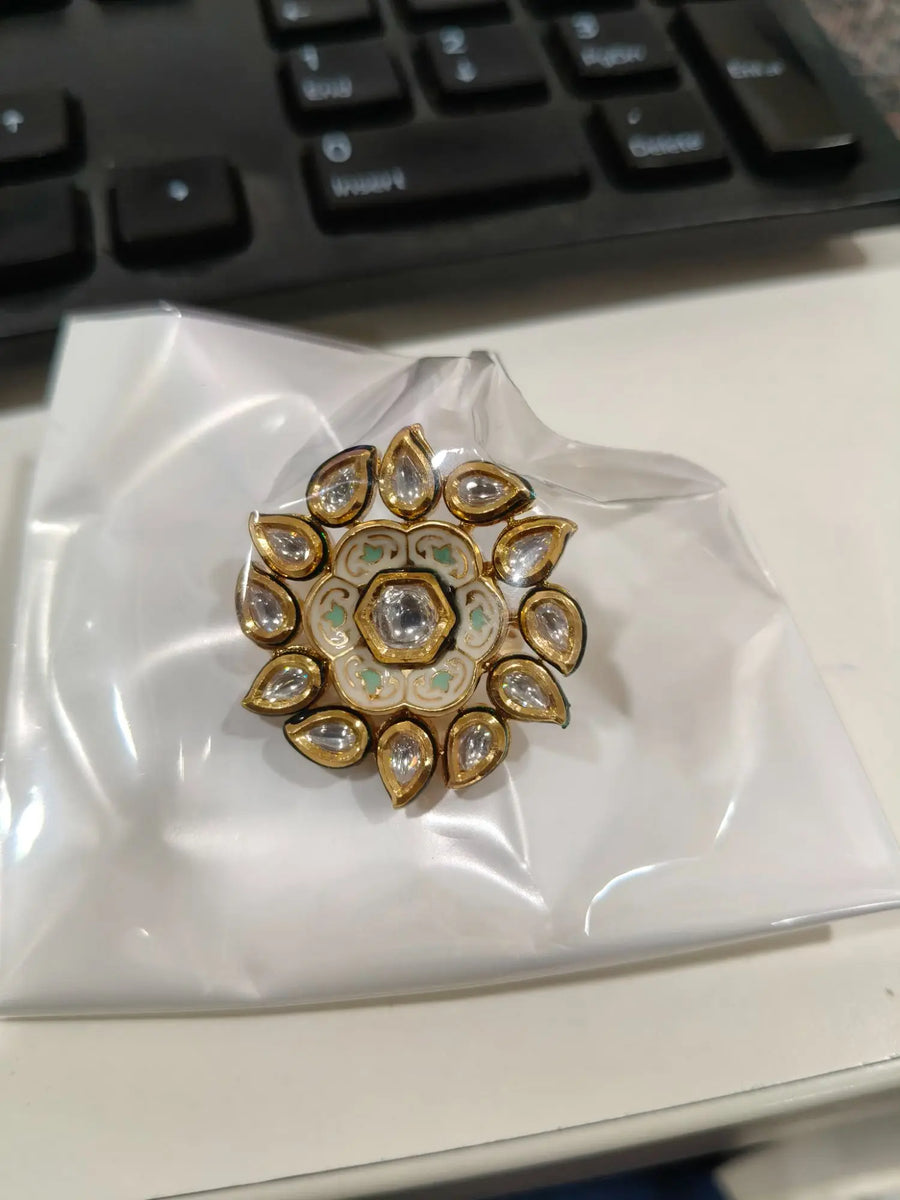 Brass Kundan Ring with Meenakari Floral Detail