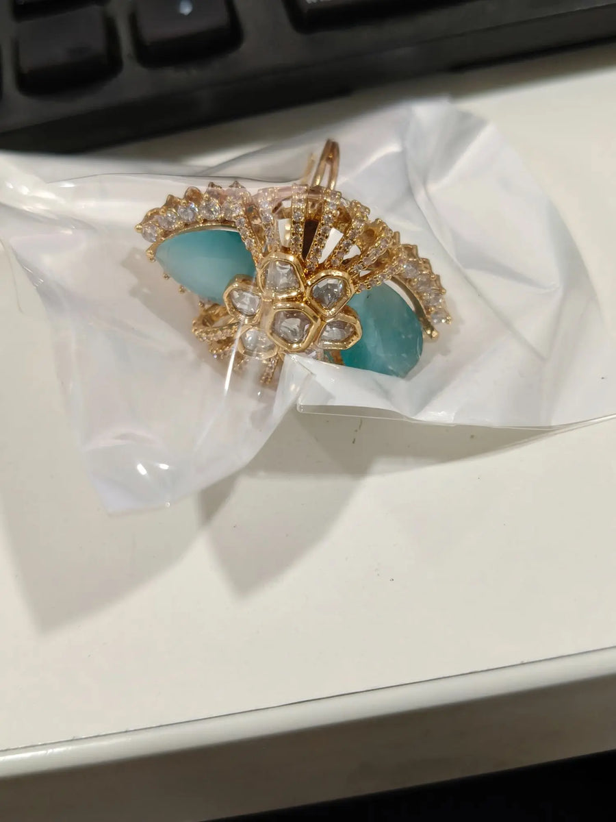 Blue and Orange Kundan Brass Ring