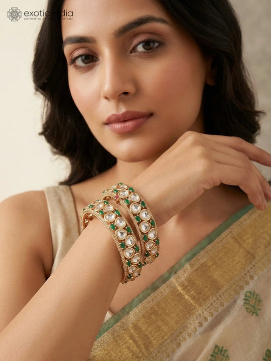 Polki Stone Studded Green and White Openable Bangles