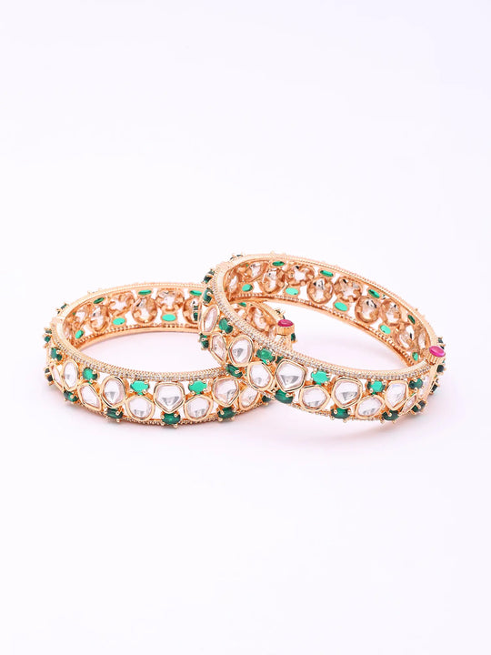 Polki Stone Studded Green and White Openable Bangles
