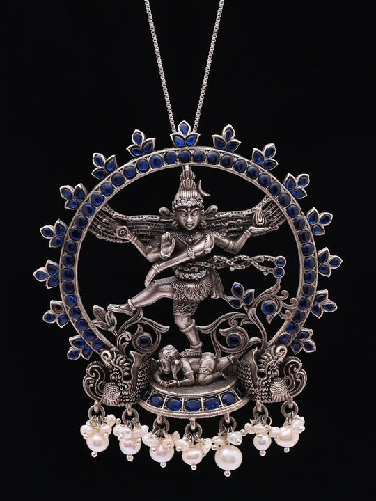 Nataraja Sterling Silver Pendant with Blue Stone and Pearl Drops