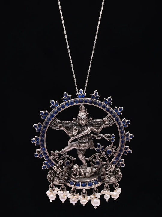 Nataraja Sterling Silver Pendant with Blue Stone and Pearl Drops