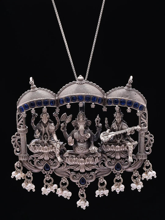 Lakshmi Ganesh Saraswati Temple Silver Pearl Pendant