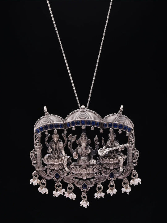 Lakshmi Ganesh Saraswati Temple Silver Pearl Pendant