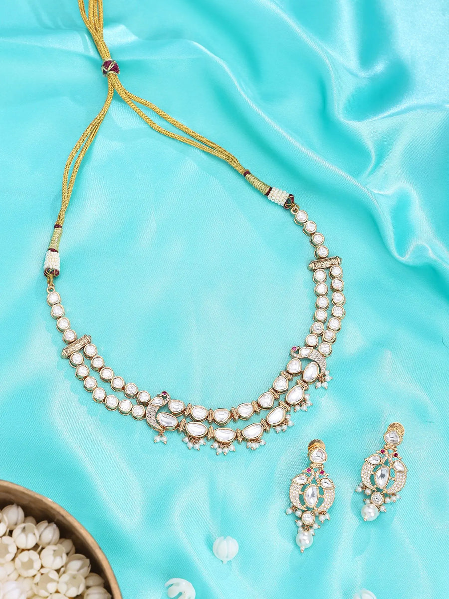 Polki and Pearl Drop Necklace and Earrings Set in Brass