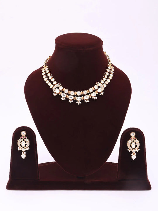 Polki and Pearl Drop Necklace and Earrings Set in Brass