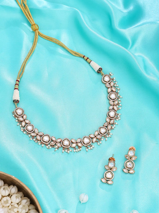 Kundan Stone Studded Brass Necklace and Earrings Set