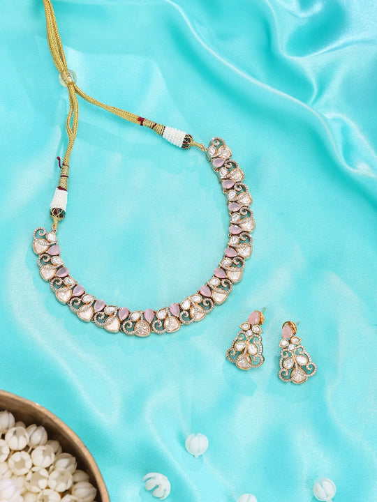 Pink Kundan Necklace and Earrings Set in Brass