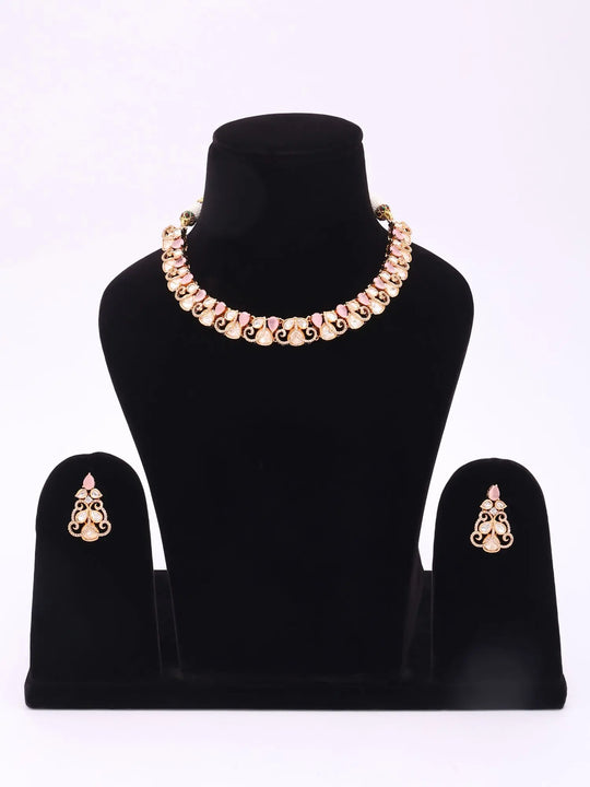 Pink Kundan Necklace and Earrings Set in Brass