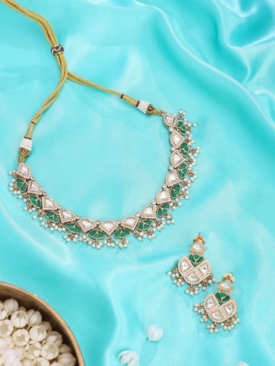 Kundan Stone Studded Brass Necklace and Earrings Set