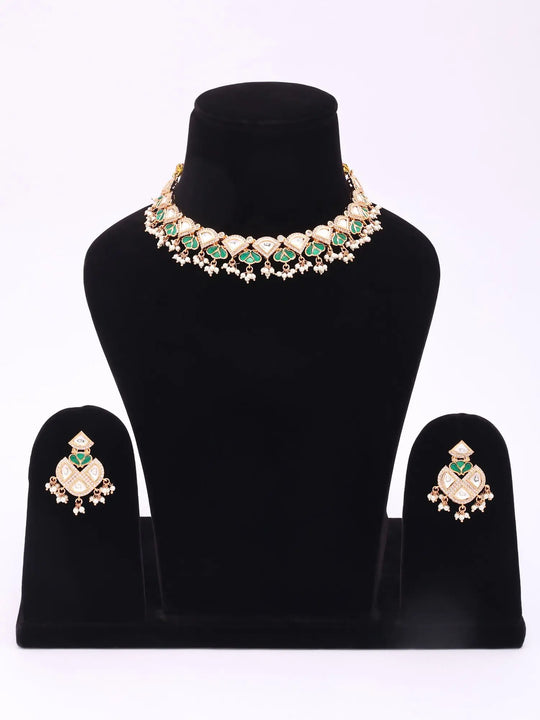 Kundan Stone Studded Brass Necklace and Earrings Set