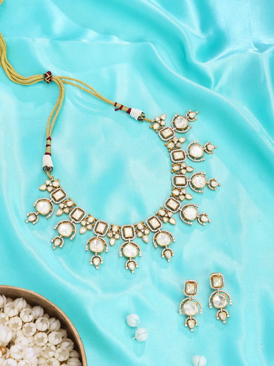Kundan Stone Studded Brass Necklace Set with Earrings