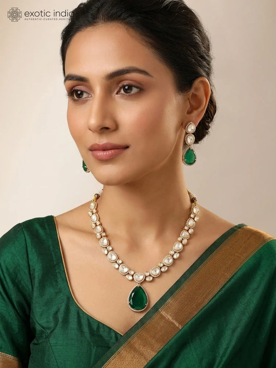 Kundan Green and Red Stone Necklace Set with Earrings
