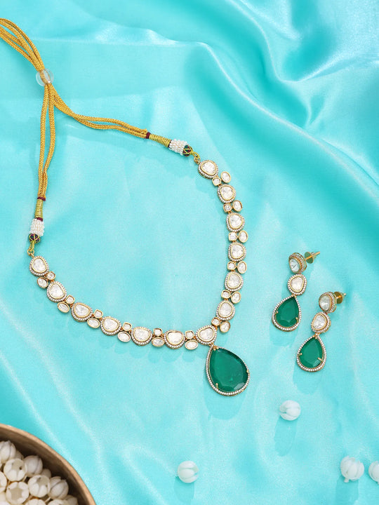 Kundan Green and Red Stone Necklace Set with Earrings