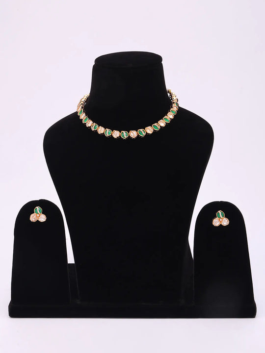 Leaf Motif Green and White Stone Necklace and Earrings Set