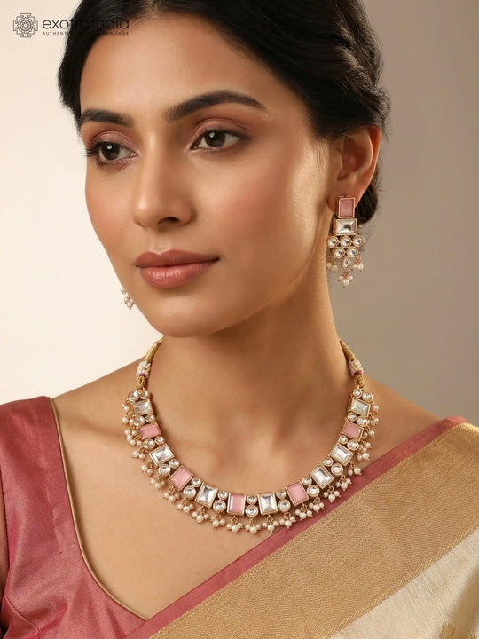 Geometric Polki and Pink Stone Necklace and Earrings Set