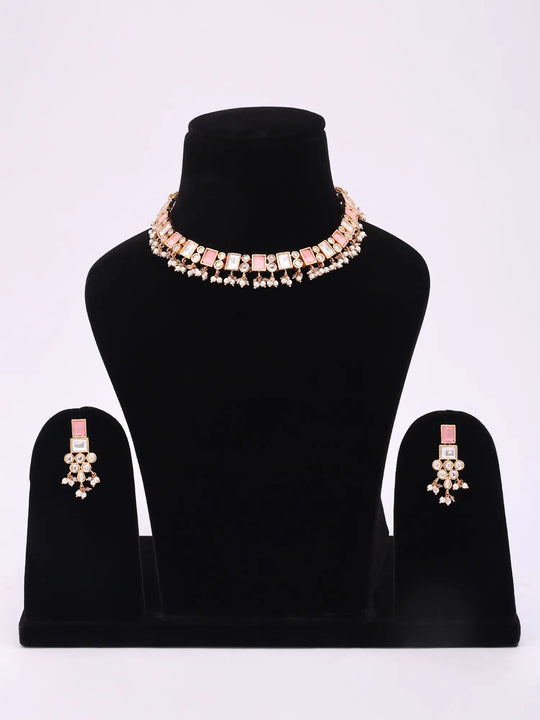 Geometric Polki and Pink Stone Necklace and Earrings Set
