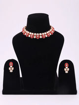 Oval Red Kundan Necklace and Earrings Set in Brass