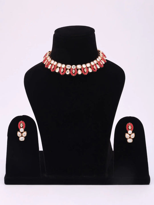 Oval Red Kundan Necklace and Earrings Set in Brass
