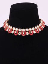 Oval Red Kundan Necklace and Earrings Set in Brass