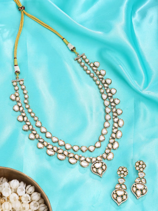 Kundan Leaf Motif Brass Necklace and Earrings Set