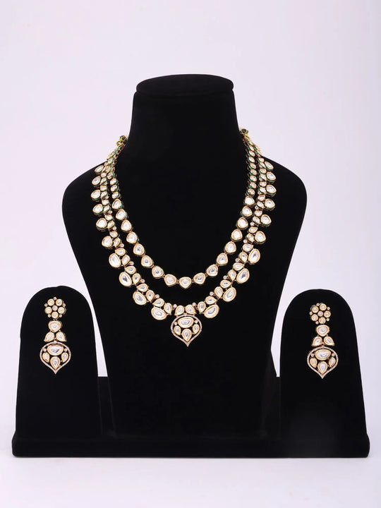 Kundan Leaf Motif Brass Necklace and Earrings Set
