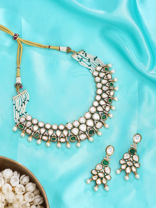 Kundan Green Stone and Pearl Drop Necklace and Earrings Set