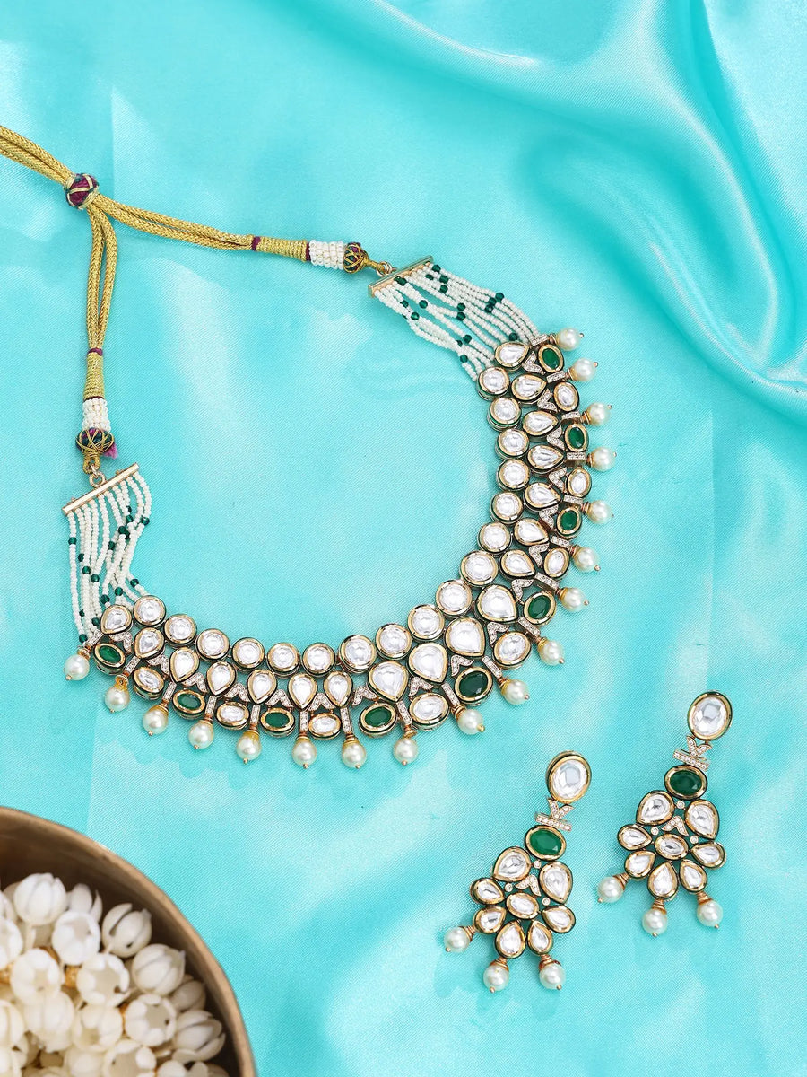 Kundan Green Stone and Pearl Drop Necklace and Earrings Set