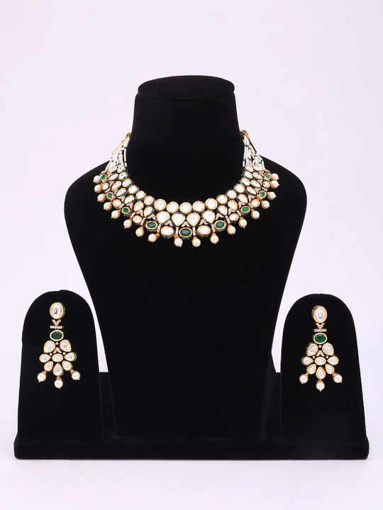 Kundan Green Stone and Pearl Drop Necklace and Earrings Set