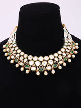 Kundan Green Stone and Pearl Drop Necklace and Earrings Set