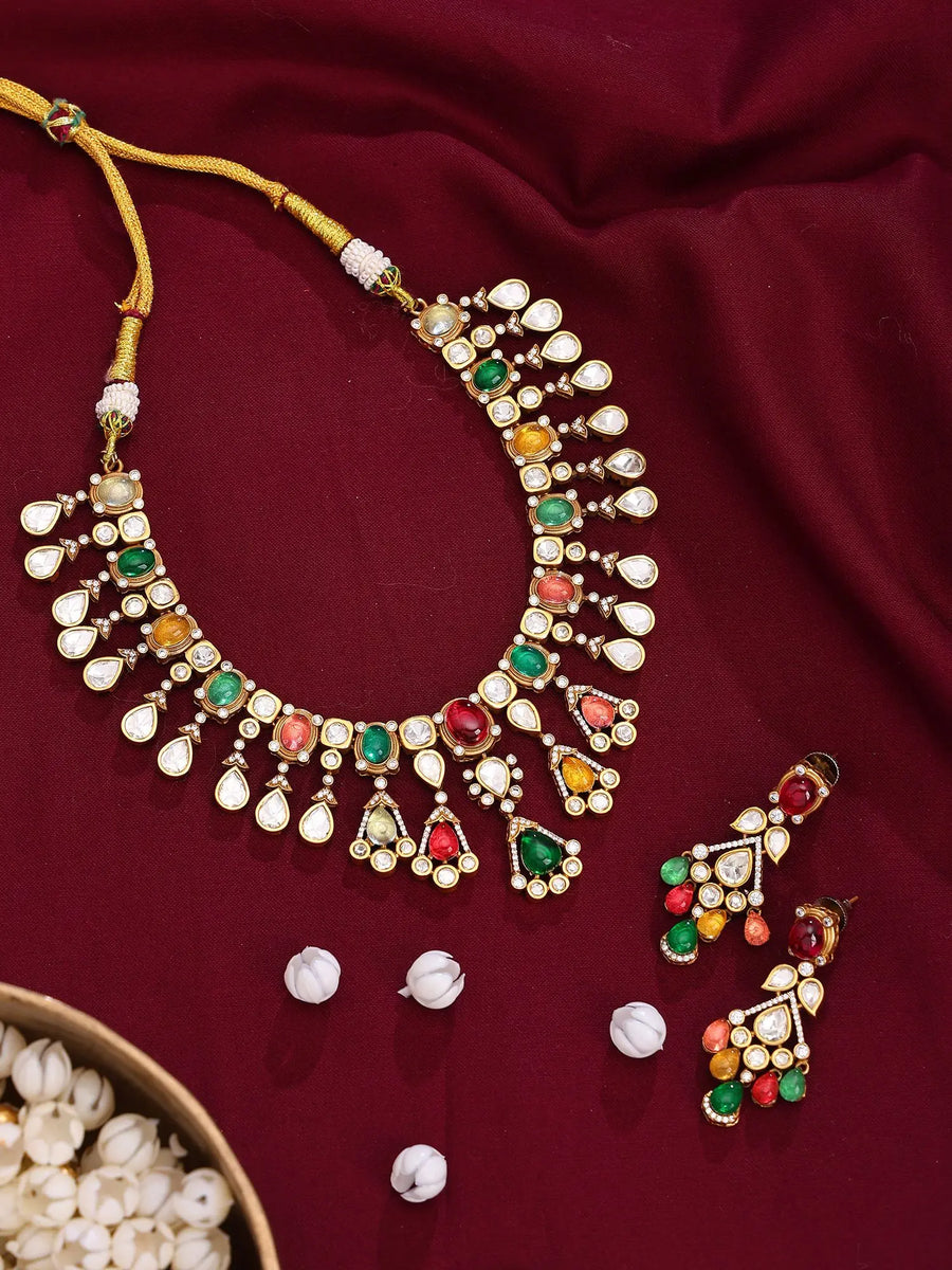 Multicolour Kundan Necklace and Earrings Set in Brass