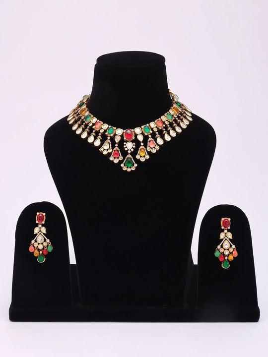 Multicolour Kundan Necklace and Earrings Set in Brass