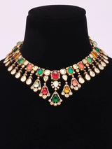 Multicolour Kundan Necklace and Earrings Set in Brass