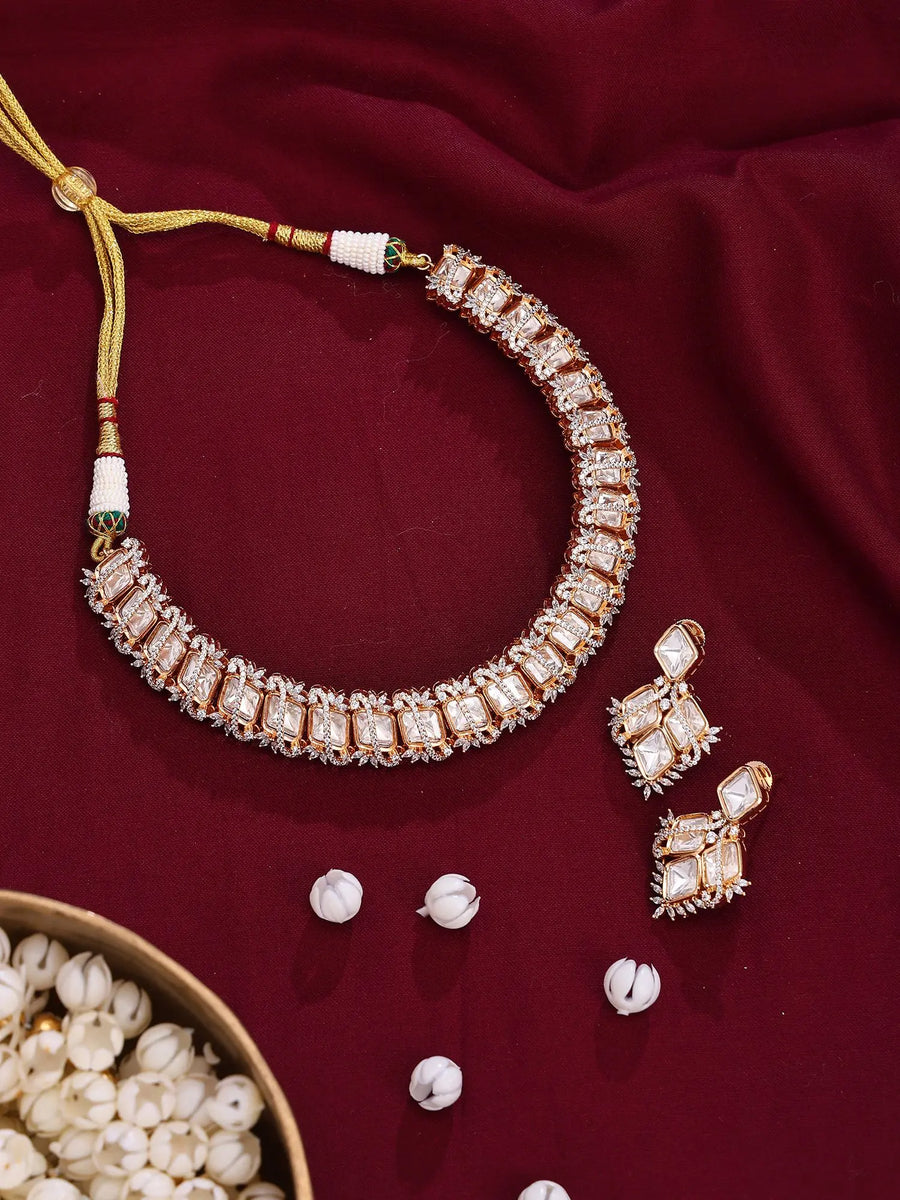 Kundan Square Cut Stone Necklace and Earrings Set in Brass