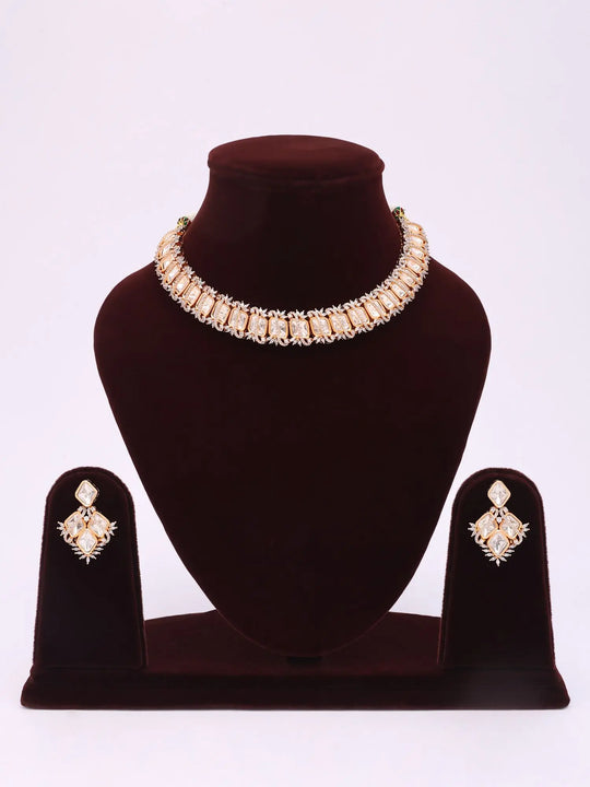 Kundan Square Cut Stone Necklace and Earrings Set in Brass