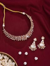 Polki and Pearl Drop Necklace and Earrings Set in Brass
