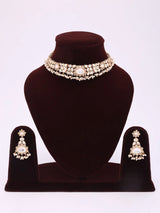 Polki and Pearl Drop Necklace and Earrings Set in Brass