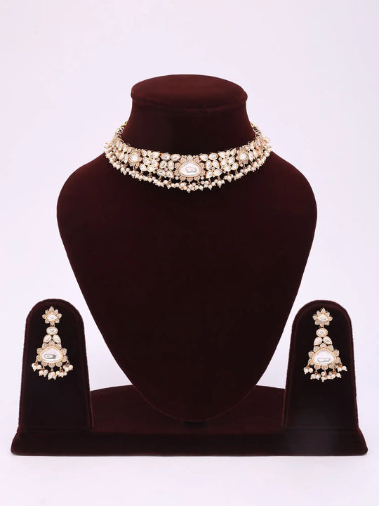 Polki and Pearl Drop Necklace and Earrings Set in Brass
