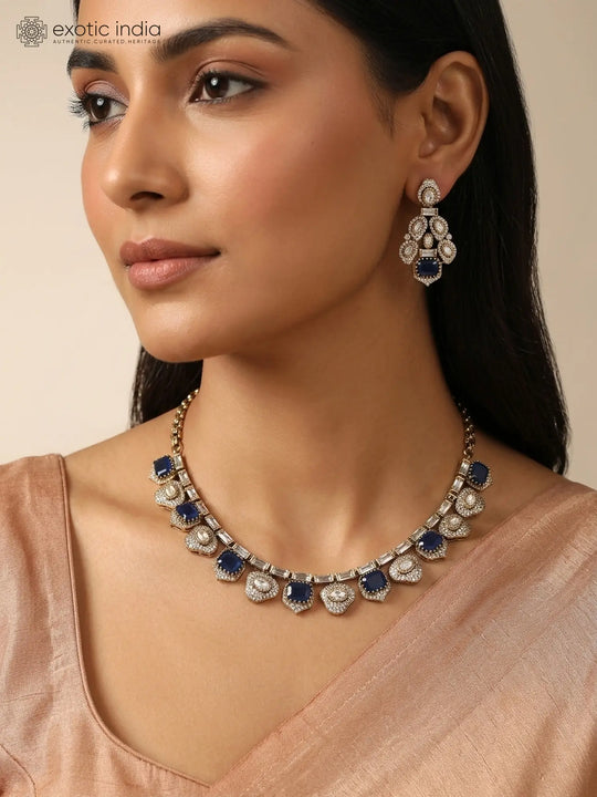 Kundan Blue and Orange Stone Necklace and Earrings Set