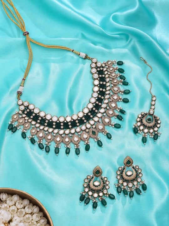 Meenakari Kundan Bridal Necklace Set with Green Bead Drops