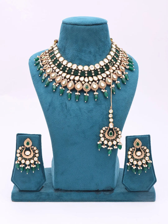 Meenakari Kundan Bridal Necklace Set with Green Bead Drops