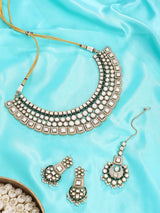 Kundan and Green Bead Semi Bridal Necklace Set in Brass